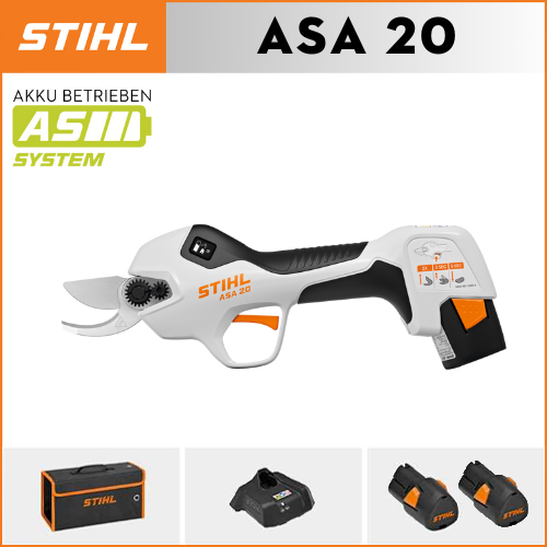 【STIHL】 ASA20*1, lithium akumulátor*2, úložná krabice*1, řezná hlava*1, nabíječka*1