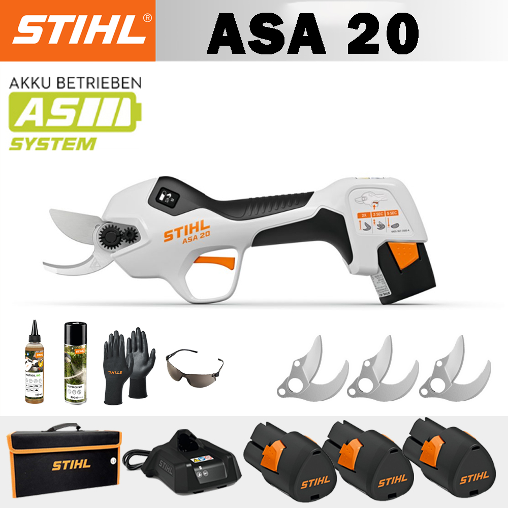 【STIHL】 ASA20*1, batería de litio*3, caja de almacenamiento*1, cabezal de corte*3, cargador*1